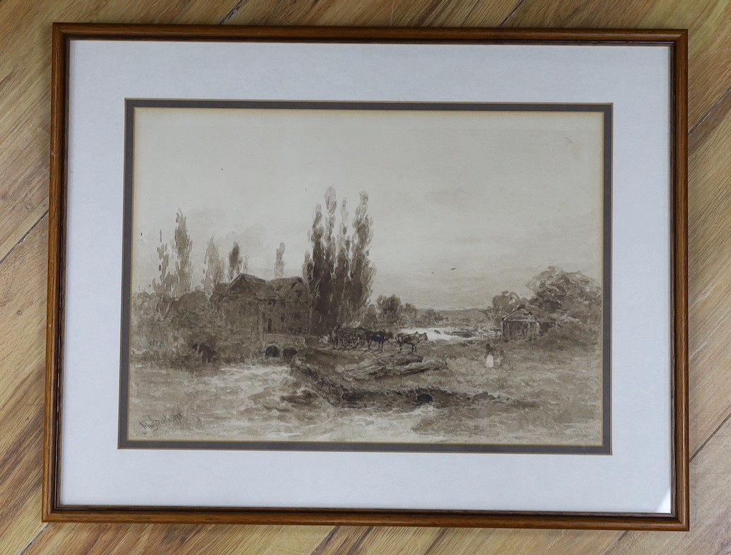 John Steeple (1823-1887), monochrome watercolour, Horse and cart beside a watermill, signed and dated '78, 24 x 34cm